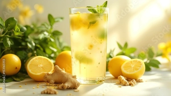 Fototapeta Refreshing ginger lemon iced tea in a glass with fresh lemon halves, ginger root, and green leaves on a sunlit surface.