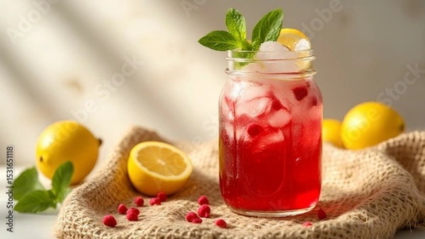 Fototapeta A refreshing red berry lemonade served in a glass jar with ice, garnished with mint and lemon, surrounded by fresh lemons and raspberries on a woven mat.