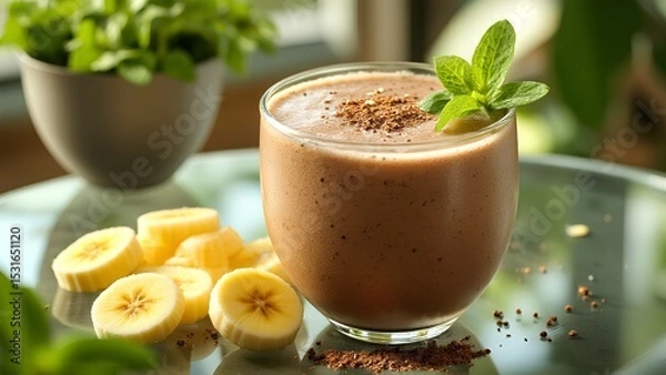 Fototapeta A creamy chocolate banana smoothie garnished with mint leaves, surrounded by sliced bananas on a reflective glass surface.