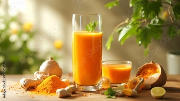 Fototapeta Fresh turmeric juice in a glass, surrounded by turmeric roots, powder, and a lime wedge on a bright, natural background.
