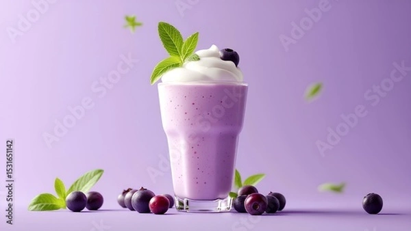 Fototapeta A creamy blueberry smoothie topped with whipped cream and a mint leaf, surrounded by fresh blueberries on a purple surface.