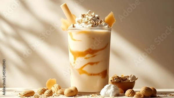 Fototapeta A creamy caramel milkshake topped with whipped cream and nuts, surrounded by almonds and almond pieces on a light background.