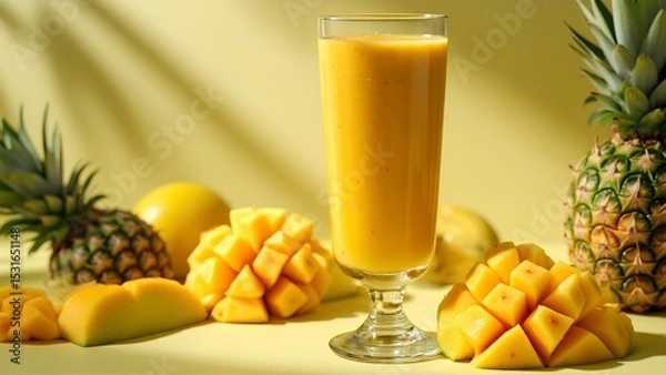 Fototapeta A tall glass of creamy mango smoothie surrounded by fresh mango cubes and whole pineapples on a light yellow background.