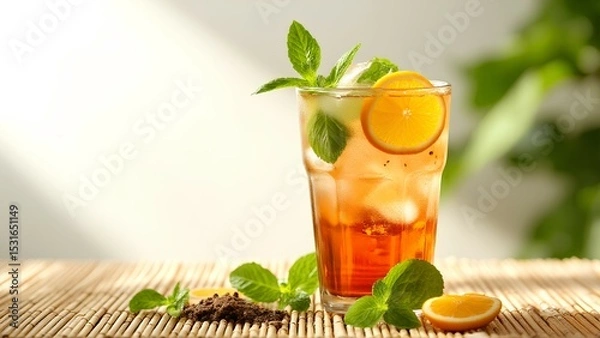 Fototapeta A refreshing iced tea garnished with mint leaves and orange slices, set on a bamboo mat with fresh mint and citrus in soft natural light.