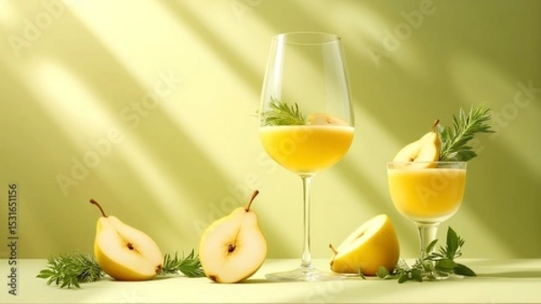 Fototapeta Two glasses of yellow pear drink with fresh pear slices and green herbs on a light green background.