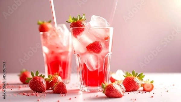 Fototapeta Two glasses of refreshing strawberry ice drink with fresh strawberries and crushed ice on a pink surface.
