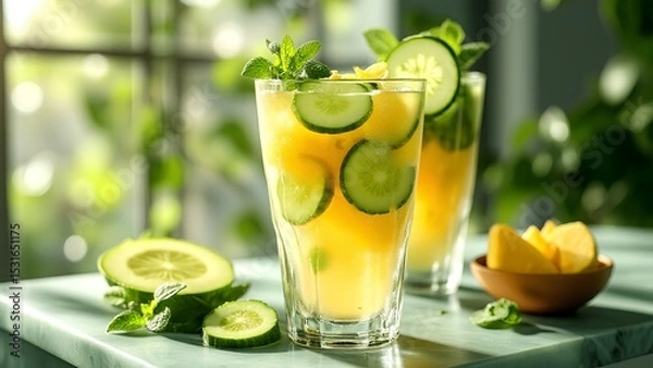 Fototapeta Two refreshing glasses of cucumber lemonade garnished with cucumber slices and mint leaves sit on a table bathed in natural light.