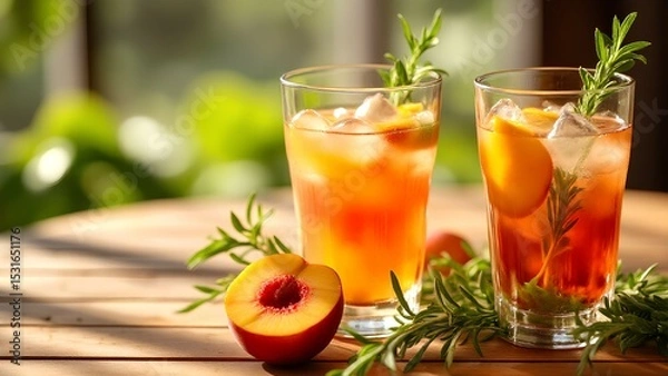 Fototapeta Two refreshing iced peach drinks garnished with rosemary, with fresh peaches and herbs on a wooden table in natural light.