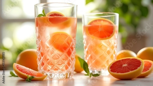 Fototapeta Two glasses of refreshing grapefruit juice garnished with mint and grapefruit slices, surrounded by fresh grapefruits on a wooden table.