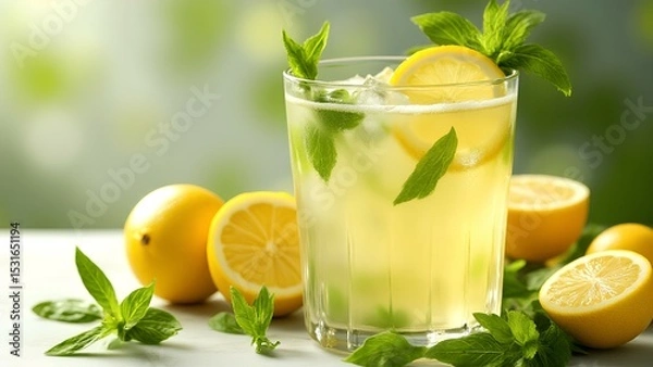 Fototapeta A refreshing glass of iced lemonade garnished with mint leaves, surrounded by fresh lemons and green leaves on a bright, blurred background.