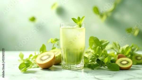 Fototapeta A refreshing kiwi juice in a glass garnished with mint leaves, surrounded by fresh kiwi halves and mint sprigs on a marble surface.