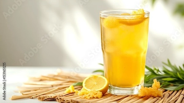 Fototapeta A refreshing glass of orange juice with ice cubes, garnished with orange peel, placed on a bamboo mat with sliced orange and flower petals around.