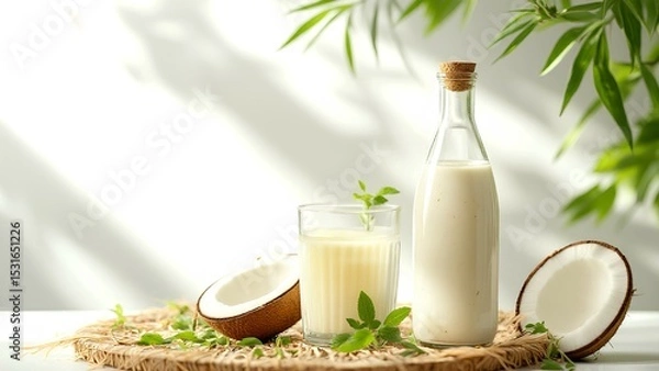 Fototapeta A bottle and glass of creamy coconut milk surrounded by fresh coconut halves and green leaves on a woven mat.