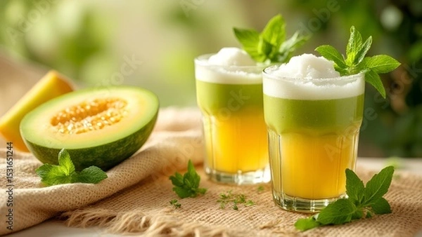 Fototapeta Refreshing melon juice served in glasses with mint leaves, accompanied by fresh melon slices on a rustic table.
