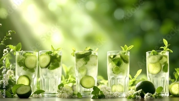 Fototapeta Refreshing glasses of cucumber-infused water with mint and lime, set against a bright, green, natural background.
