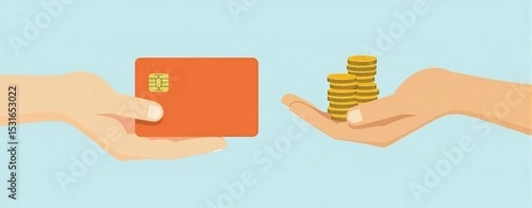 Obraz Two hands face each other holding coins and chip card, cash or card payment preference