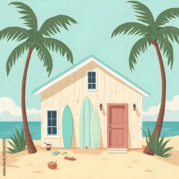 Fototapeta Beach cottage with surfboards under palm trees by the ocean  