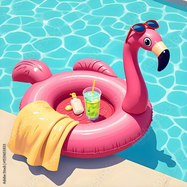 Fototapeta Pink flamingo pool float with drink and towel by the water's edge  