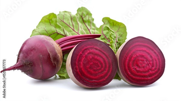Fototapeta Fresh beetroot with deep red-purple skin and leafy green tops, isolated on a white background.
