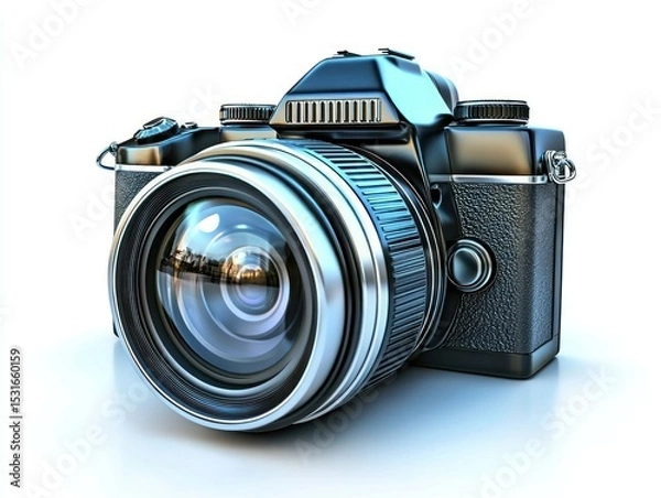 Fototapeta Sleek black DSLR camera with large lens, shining highlight