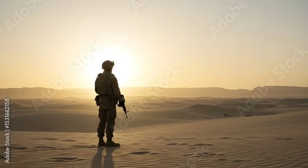 Obraz A lone soldier stands guard in a vast desert landscape at sunset.  The image evokes themes of duty, solitude, and the military.  Perfect for illustrating strength and resilience.