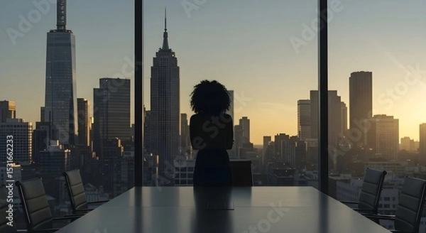 Obraz Powerful image of a woman silhouetted against a breathtaking cityscape sunset. Ideal for themes of ambition, success, and urban life.  Captures a moment of reflection and aspiration.