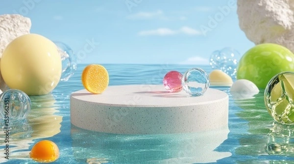 Obraz Round display podium floating on tranquil water with surreal colored sand and transparent glass shapes