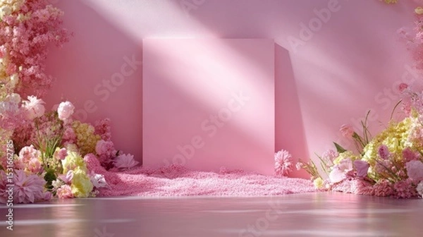 Obraz Pastel pink backdrop with frame of blooming florals, romantic and soft design