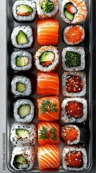 Fototapeta Assorted sushi rolls in a metal tray, top-down view