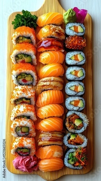 Fototapeta Assorted sushi rows on wooden board, top-down view