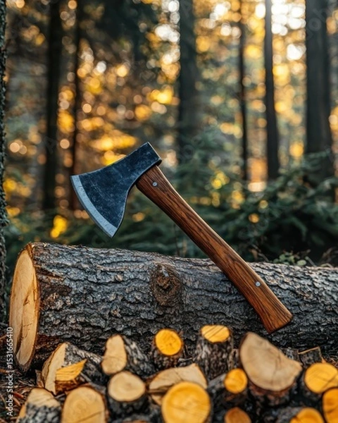 Fototapeta Axe on log with wood chips in forest