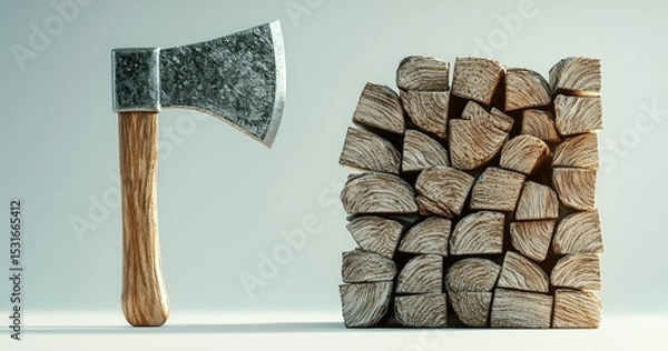 Fototapeta Axe beside stacked cut wood, sharp silver blade