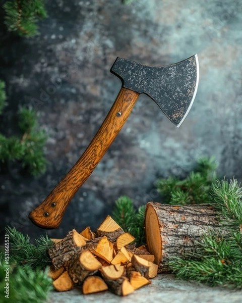Fototapeta Axe near woodpile, evergreen branches; moody, rustic