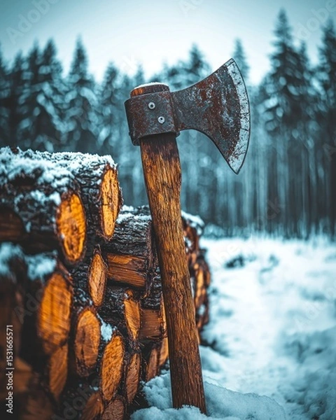 Fototapeta Axe stuck in woodpile, winter forest backdrop