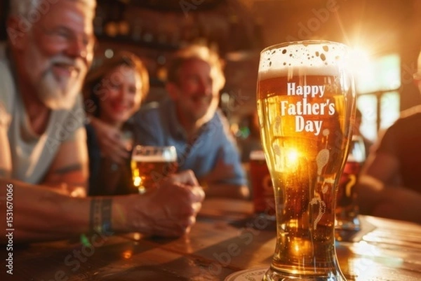 Fototapeta Celebrating father's day with friends at the pub: enjoying a cold beer