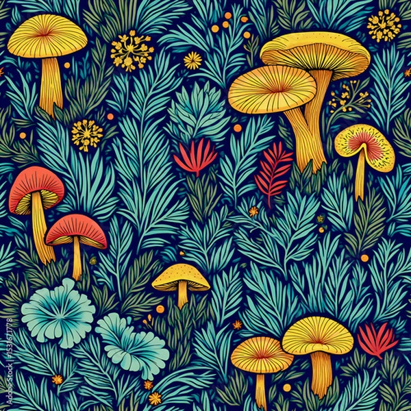 Obraz Cool and colorful mushroom art full of funky shapes, cute flowers, and jungle vibes. Like a magical forest party!