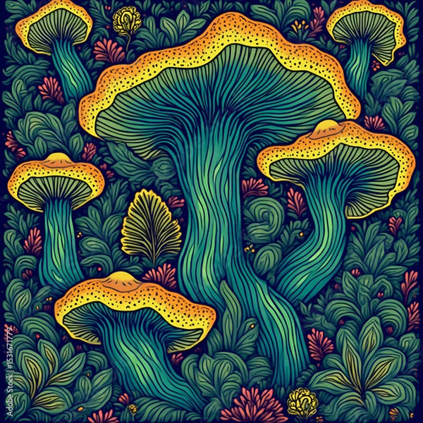 Obraz Cool and colorful mushroom art full of funky shapes, cute flowers, and jungle vibes. Like a magical forest party!