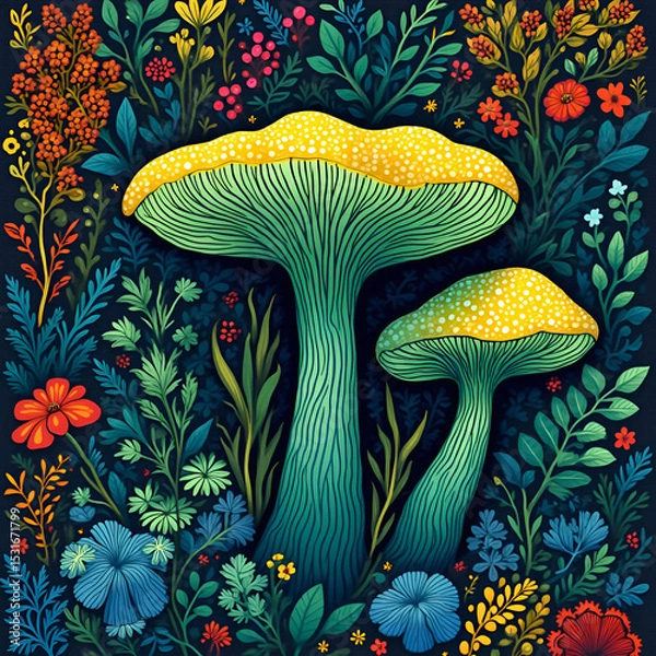 Obraz Cool and colorful mushroom art full of funky shapes, cute flowers, and jungle vibes. Like a magical forest party!