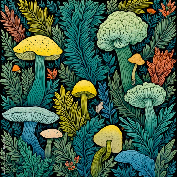 Obraz Cool and colorful mushroom art full of funky shapes, cute flowers, and jungle vibes. Like a magical forest party!