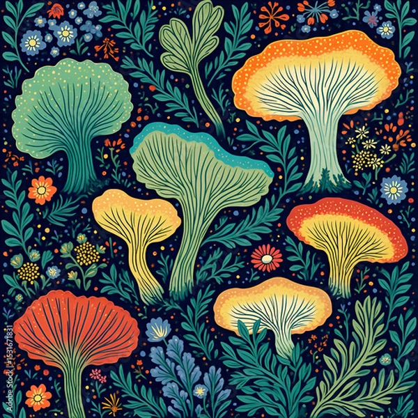 Obraz Cool and colorful mushroom art full of funky shapes, cute flowers, and jungle vibes. Like a magical forest party!