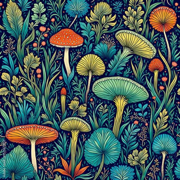 Obraz Cool and colorful mushroom art full of funky shapes, cute flowers, and jungle vibes. Like a magical forest party!