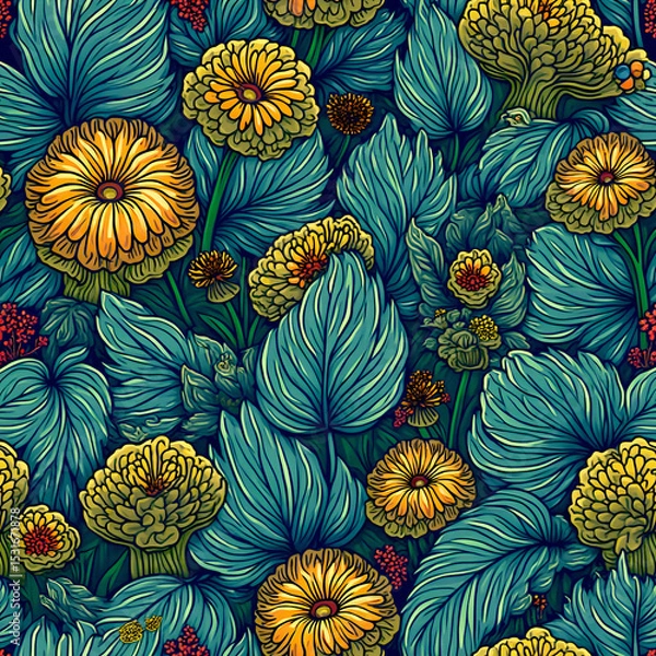 Obraz Cool and colorful floral art full of funky shapes, cute flowers, and jungle vibes. Like a magical forest party!