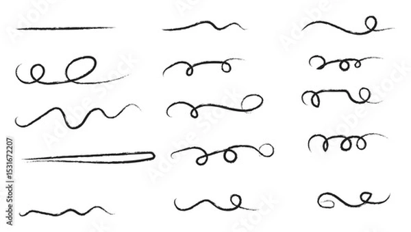 Obraz Pencil brush crayon marker chalk texture line stroke element set. Handwritten marker paint chalk paper cross. Scribble crayon pencil stroke doodle underline shape. Vector illustration