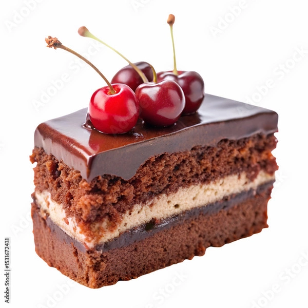 Fototapeta Chocolate Cherry Cake Slice Dessert Isolated Background