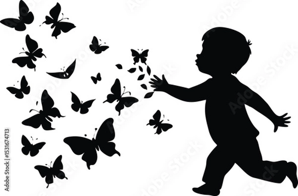 Obraz Silhouette of Child Chasing Butterflies, Joyful Childhood Moment Vector Art