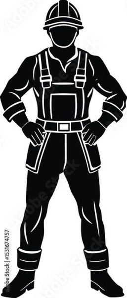 Obraz Silhouette of Construction Worker in Hard Hat and Overalls