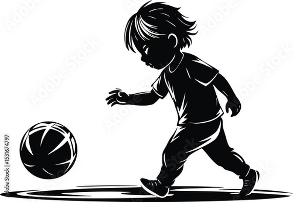 Obraz Silhouette of Boy Running After Basketball in Vintage Style Illustration