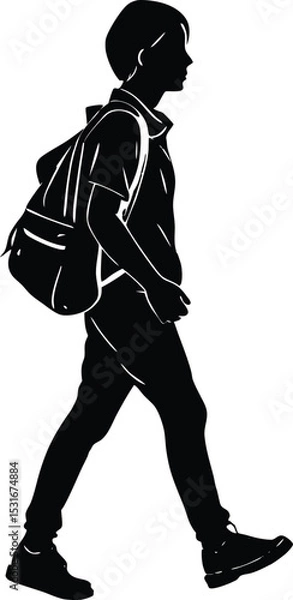 Obraz Silhouette of Boy Walking with Backpack, Vector Black and White Illustration