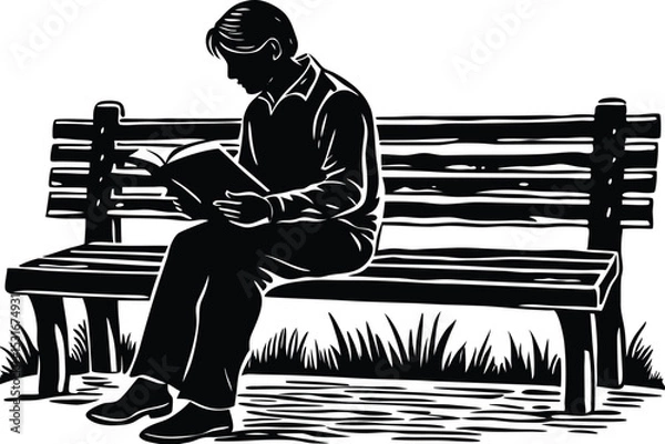 Obraz Silhouette of Boy Reading Book on Wooden Bench, Black and White Vector Illustration