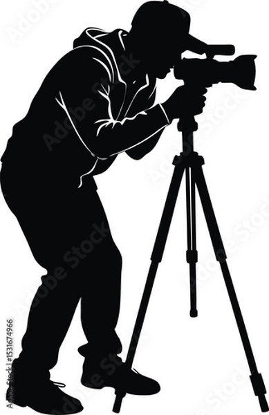 Obraz Silhouette of a Photographer with Tripod and Hoodie, Vector Illustration